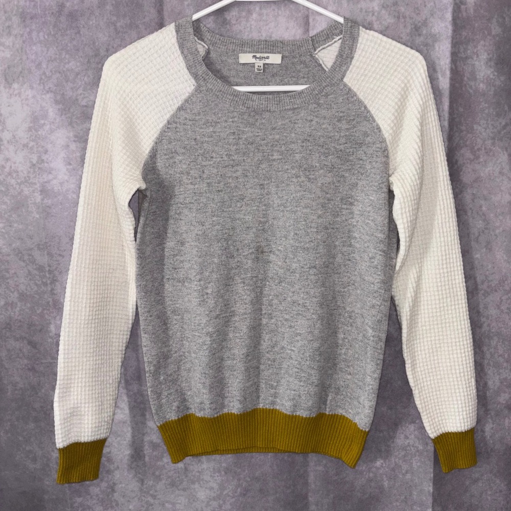 Madewell Women XS  Minimalist Casual Sweater Grey Colorblock Waffle Raglan